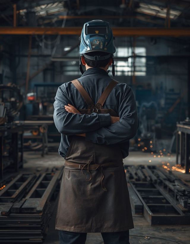 Delia Ironwake-Santos, owner of Ironwake Welding, in the shop wearing a welding hood pushed back