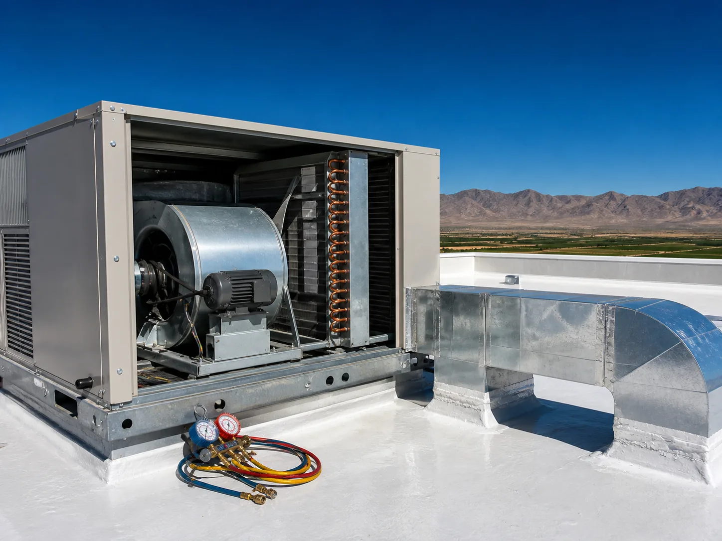A rooftop packaged HVAC unit with its service panel open on a flat white roof under a hard blue sky.
