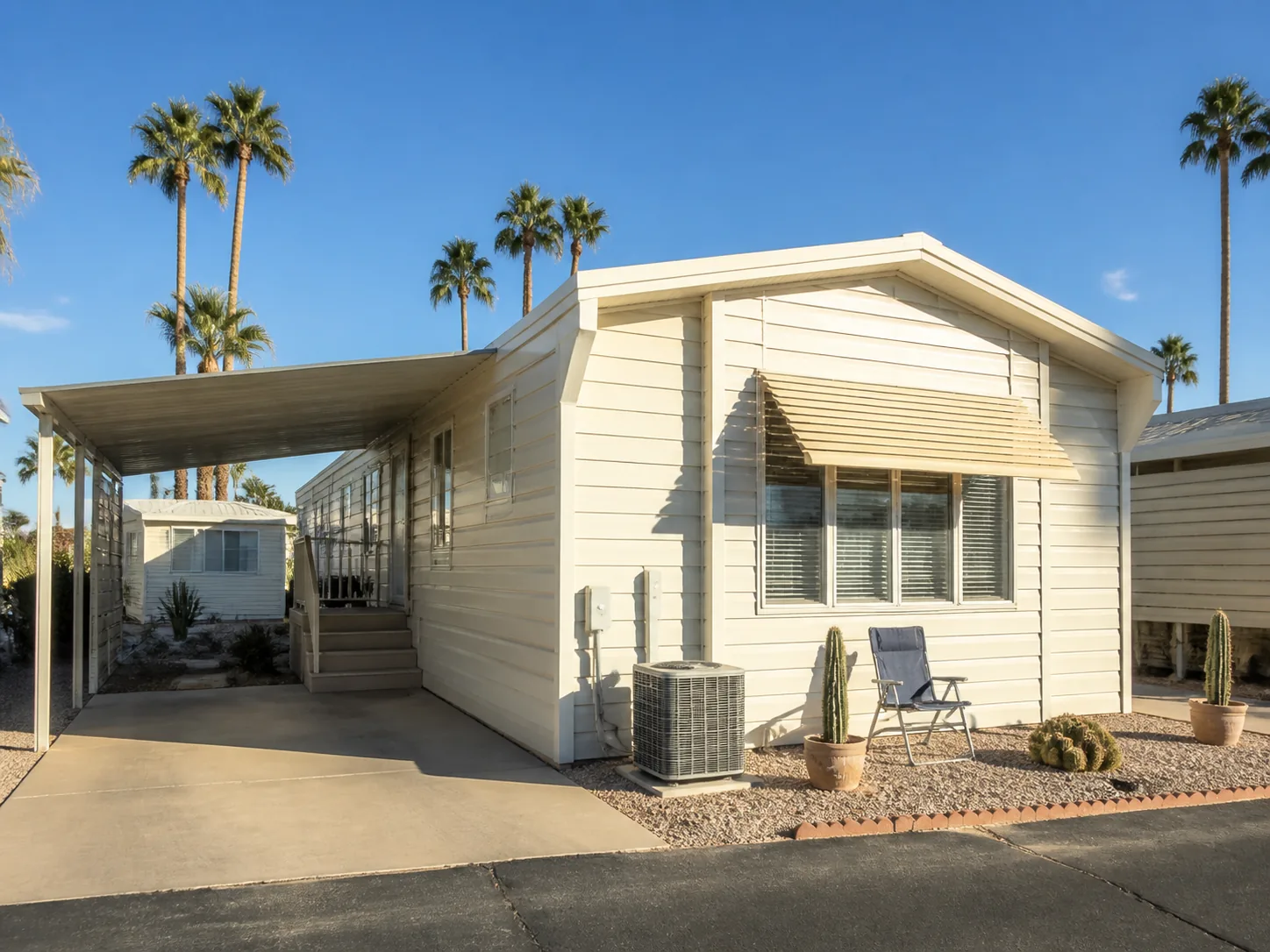 A tidy park-model home in a desert winter-visitor resort with a shaded carport and a compact air-conditioning unit beside it.